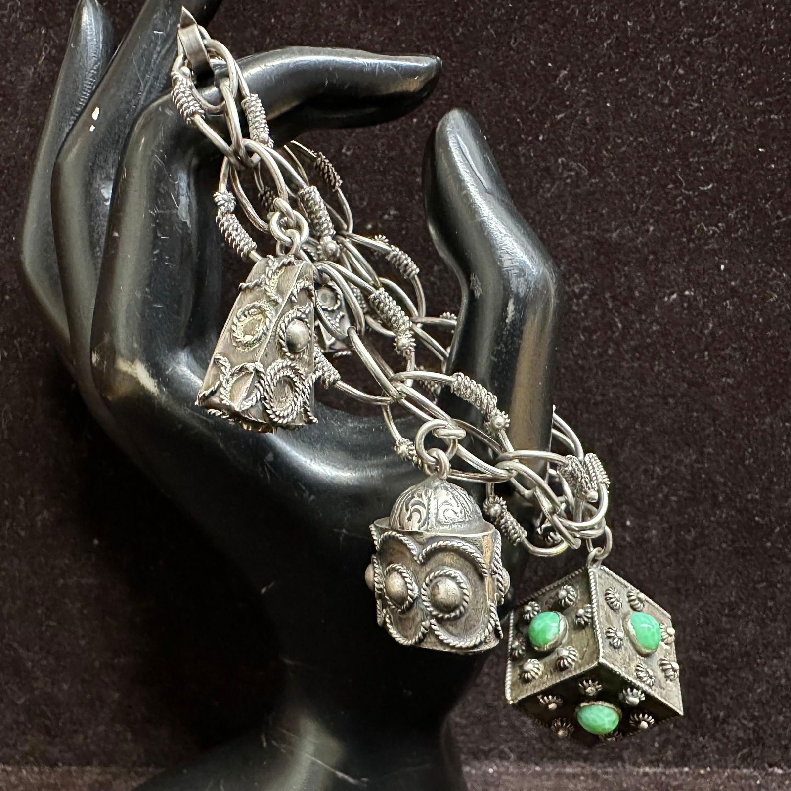 Etruscan Revival Style Bracelet 800 Silver Five Charms R19: This item is in good pre-owned, previously used/displayed condition with noticeable light wear and surface scratches. Please reference all photos for full details. This piece of jewelry has been teste