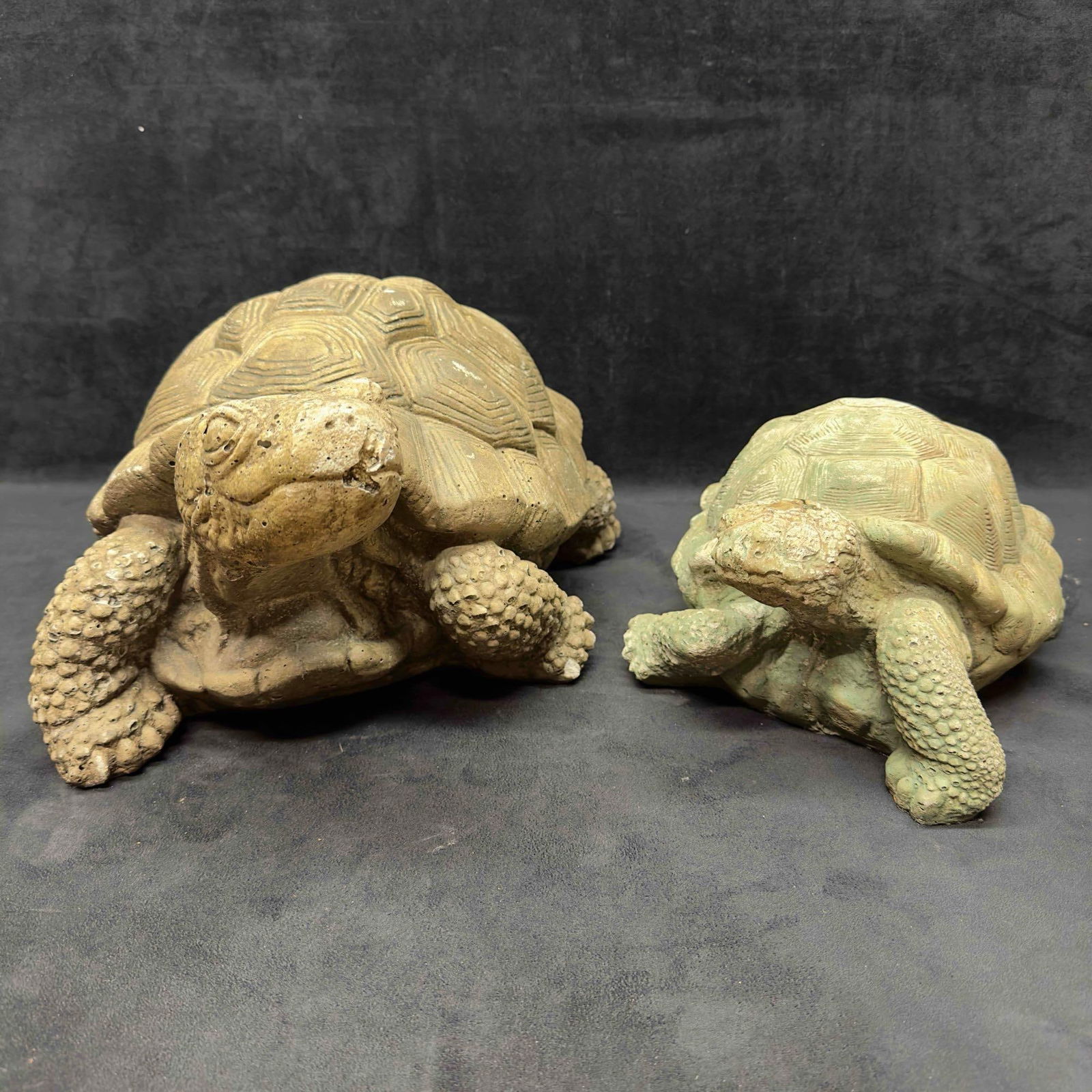 Walking Turtle Large Medium Solid Concrete Garden Yard Outdoor Statue Set: Walking Turtle Large Medium Solid Concrete Garden Yard Outdoor Statue Set. Two concrete statues representing a walking turtle. Includes two yard statues. One turtle is larger while the other is a