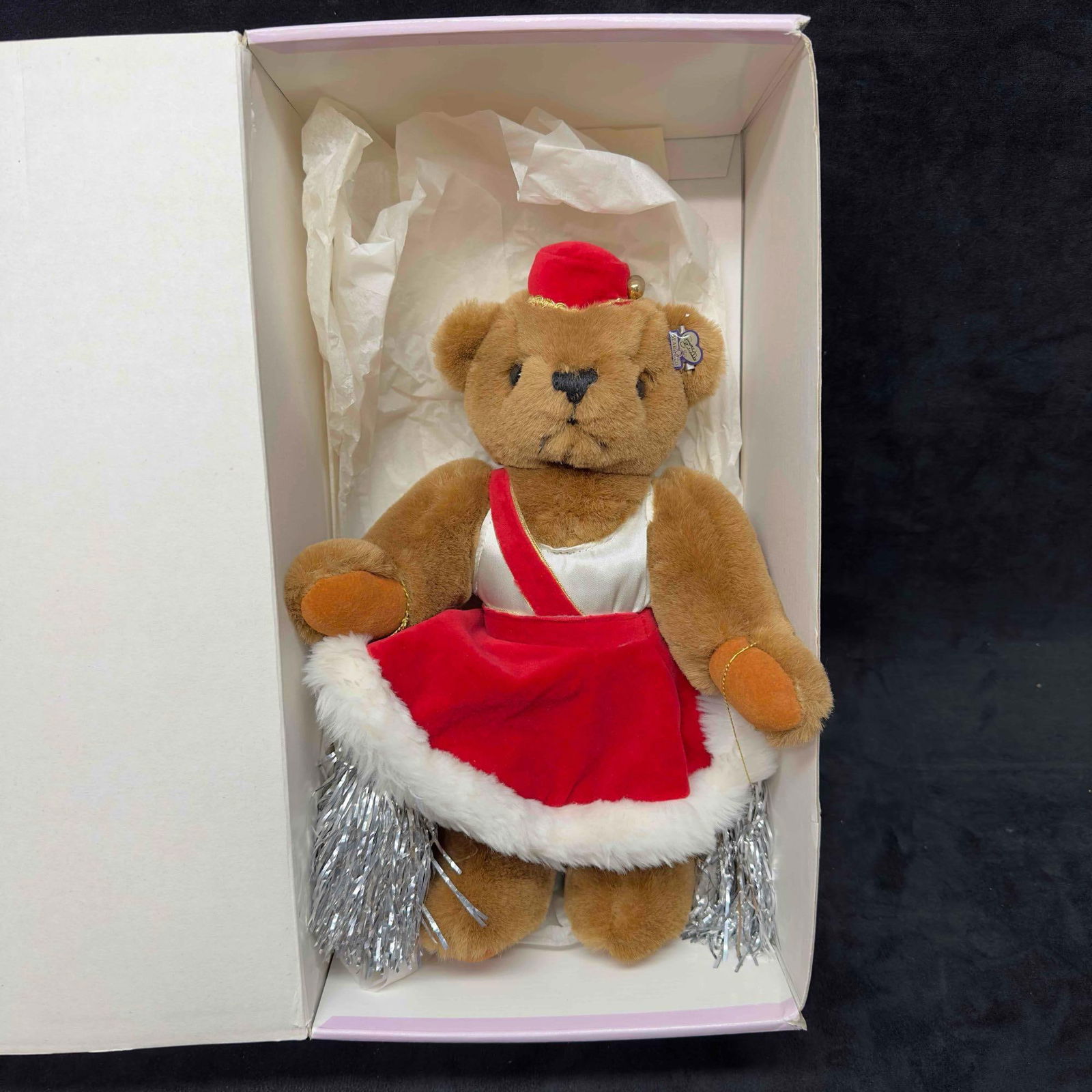 Annette Funicello Varsity Teddy Bear Cheerleader Plush with Box: Annette Funicello Varsity Teddy Bear Cheerleader Plush with Box. Plush bear comes with the original box. This item is in good pre-owned, previously displayed condition with light wear, and surface scr