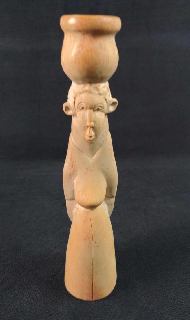 Vintage Handcarved Stone Candlestick Woman With Basket: Vintage hand-carved stone candlestick of a woman with a basket on her head. Behind her, a child clings from her robes. The maker and date of creation are unknown. Candlestick is approx 2 1/4" x 2" x