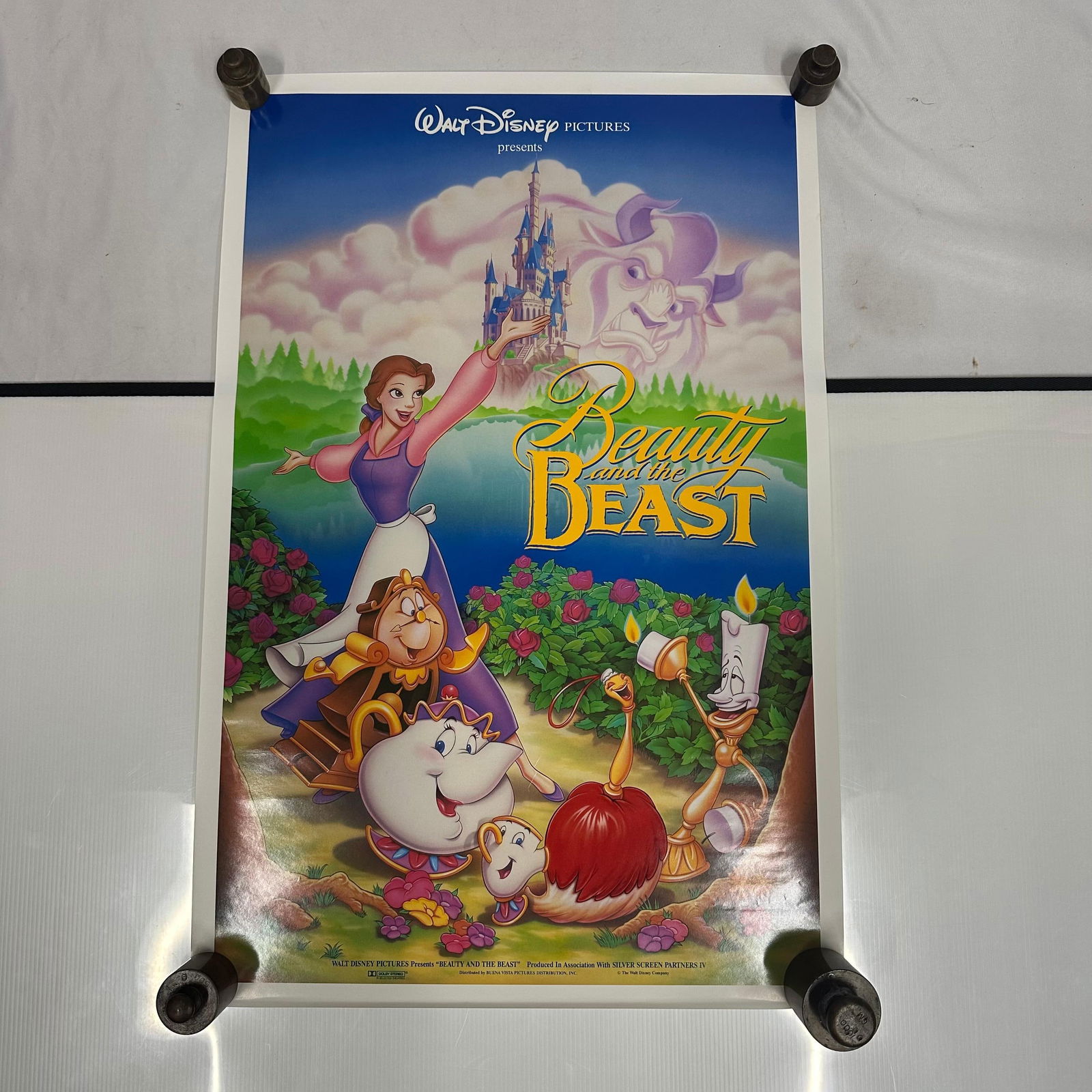 Walt Disney Beauty and the Beast Vintage Promotional Movie Poster 1991 Original Release: Original promotional poster for Walt Disney Pictures’ Beauty and the Beast (1991), featuring Belle, Beast, and beloved enchanted characters including Lumiere, Cogsworth, Mrs. Potts, and Chip. Beauti