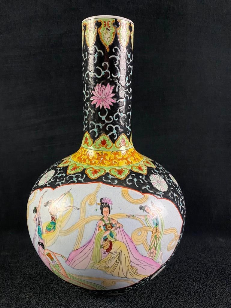 Oriental Porcelain Vase Hand-Painted: Oriental Porcelain Vase Hand-Painted Vintage oriental porcelain vase, with hand-painted designs. Design includes women dancing as well as lotus, chrysanthemums, and other flowers. No known chips