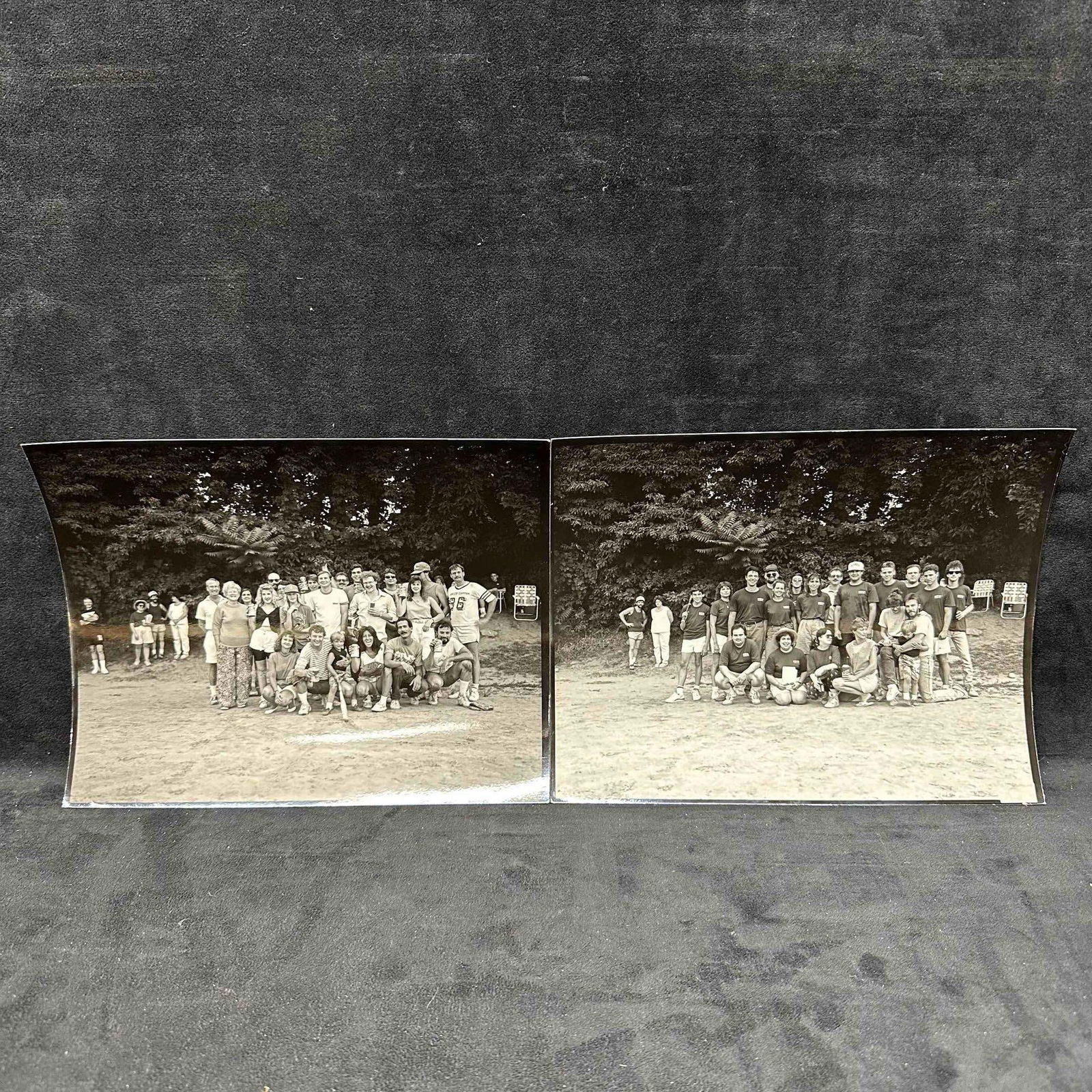 Pair of Vintage KEW Photo Lab Company Softball Team Photographs Black & White Prints: Offered here is a pair of vintage black-and-white photographs featuring what appears to be the KEW Photo Lab company softball team and associates. Each photo captures a different group shot taken outd