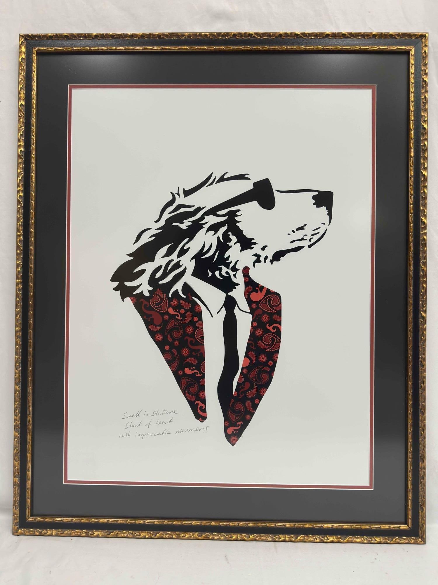 Lonely Dog Red Motif Design Black Suit Jacket and Tie Giclee Framed Ivan Clarke Art Print: Lonely Dog Red Motif Design Black Suit Jacket and Tie Giclee Framed Ivan Clarke Art Print. This art print by Ivan Clarke features the Lonely Dog in a red intricate designed black suit jacket and tie.