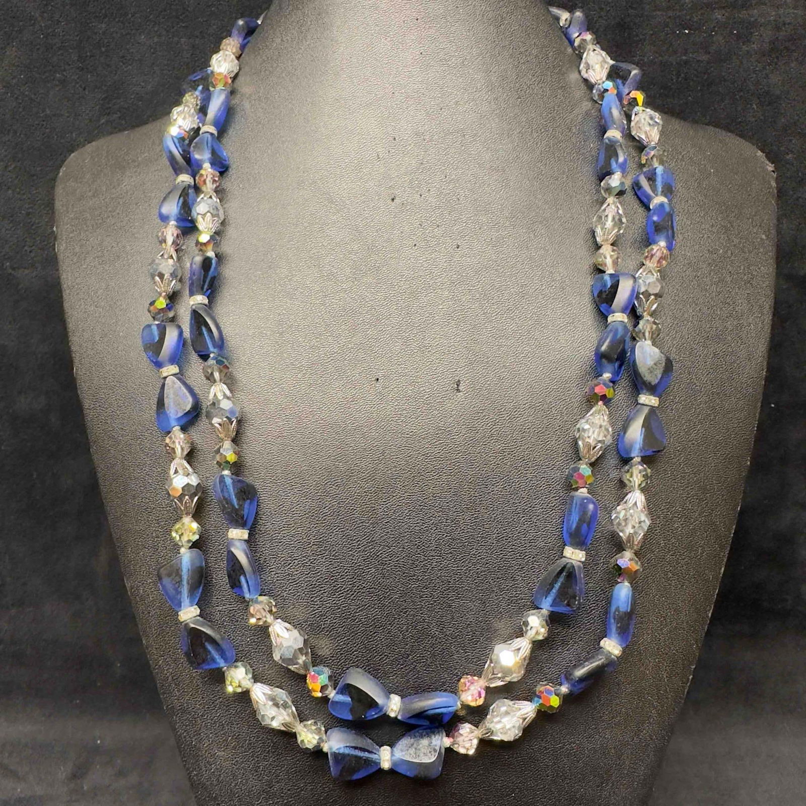 Clear Blue Crystal Glass Beaded Vendome Double Strand Necklace I58 (1 of 10)