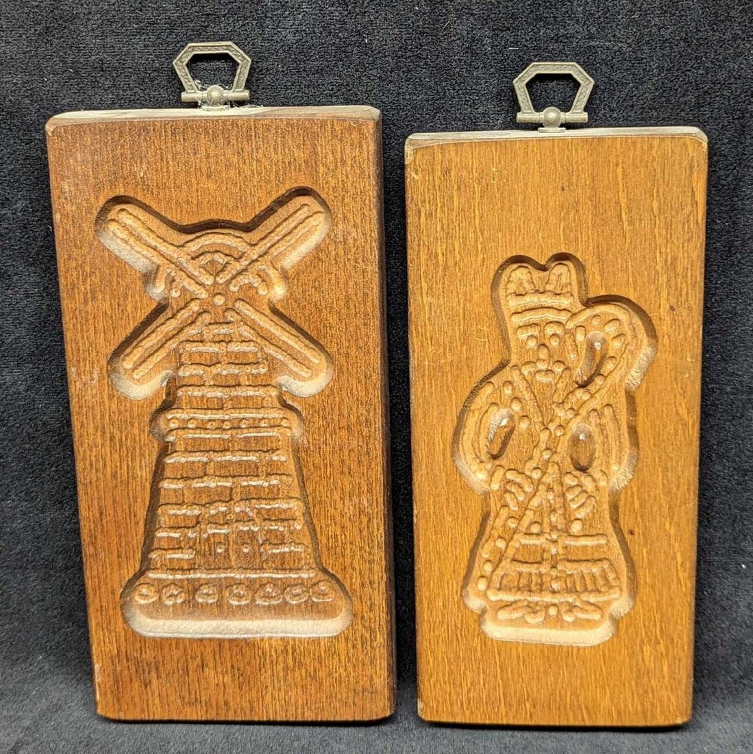 2 Vintage Dutch Wooden Cookie Molds: 2 Vintage Dutch Wooden Cookie Molds. These molds now have hooks so they can be hung on the wall. The windmill mold is approx 3 7/8" x 3/4" x 8 1/2". The bishop mold is approx 3 1/4" x 3/4" x 8".