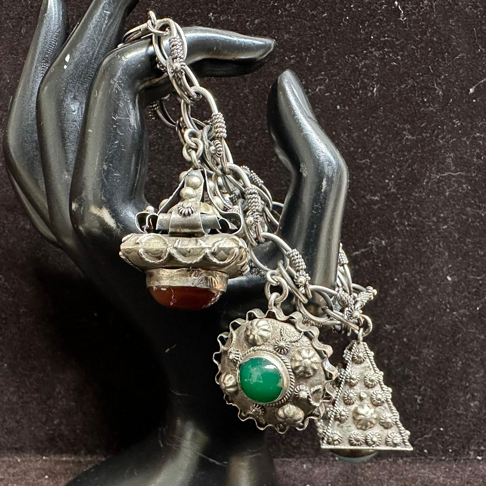 Natural and Faux Stone Ornate Multi Fob Charm 800 Silver Bracelet R73: This item is in good pre-owned, previously used/displayed condition with noticeable light wear and surface scratches. Please reference all photos for full details. This piece of jewelry has been teste