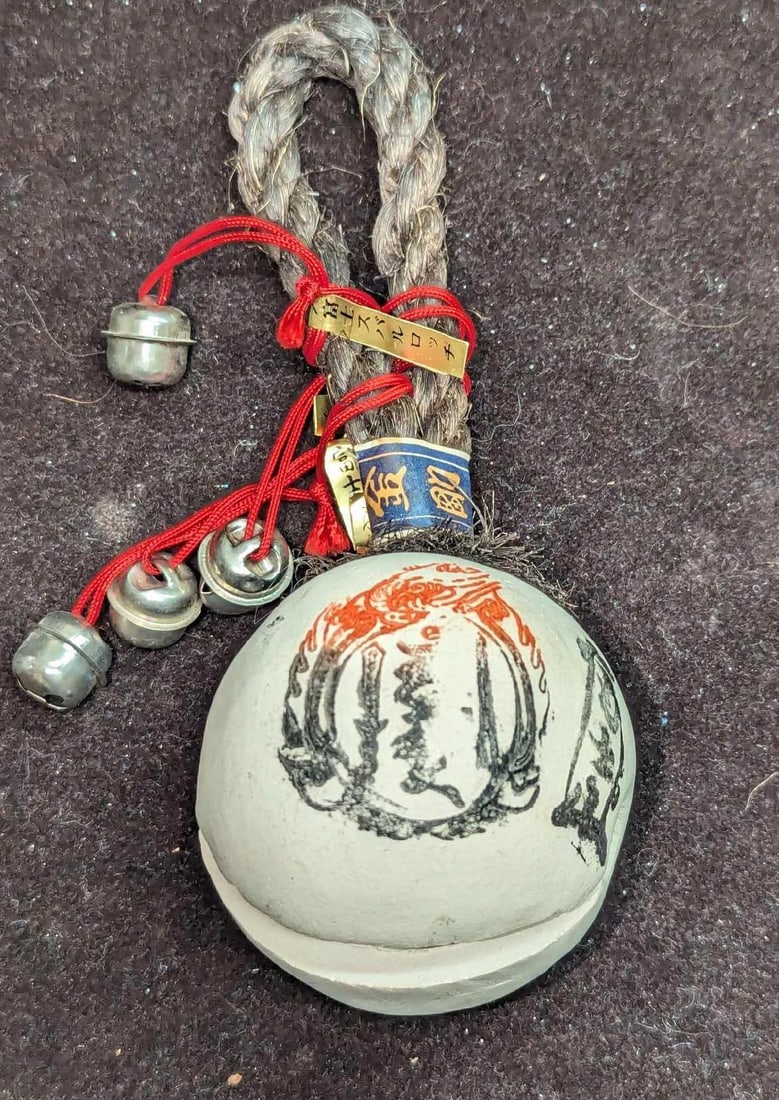 Vintage Clay Bell Talisman Lucky Charm: Vintage Clay Bell Talisman Lucky Charm. This is approx 2 3/4" x 2 3/4" x 6 1/4" and it weighs 0.30lb. One of the bells has a dent. Hand-made bell has a clay ringer.