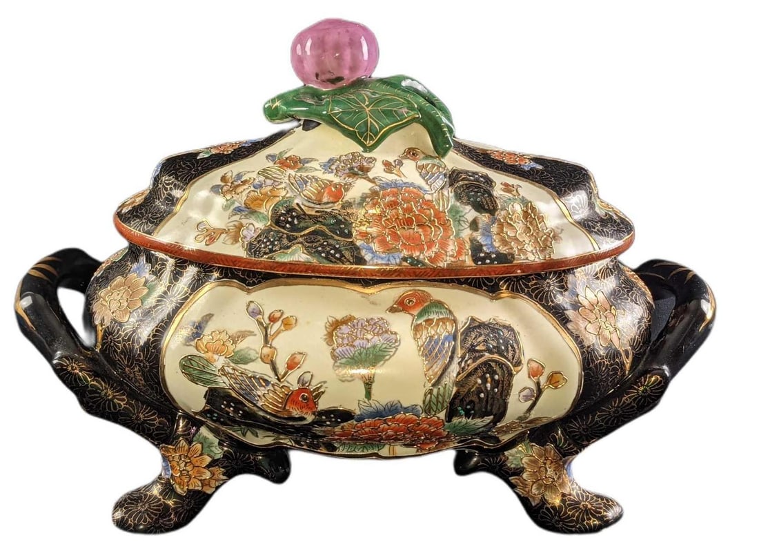 Hand Painted Vintage Japanese Satsuma Tureen: Hand Painted Vintage Japanese Satsuma Porcelain Tureen With Handles. Has a lovely hand-painted floral & bird design with gold trim. Is approx 15" x 9" x 11 1/2" and it weighs 10lbs. The tureen is in