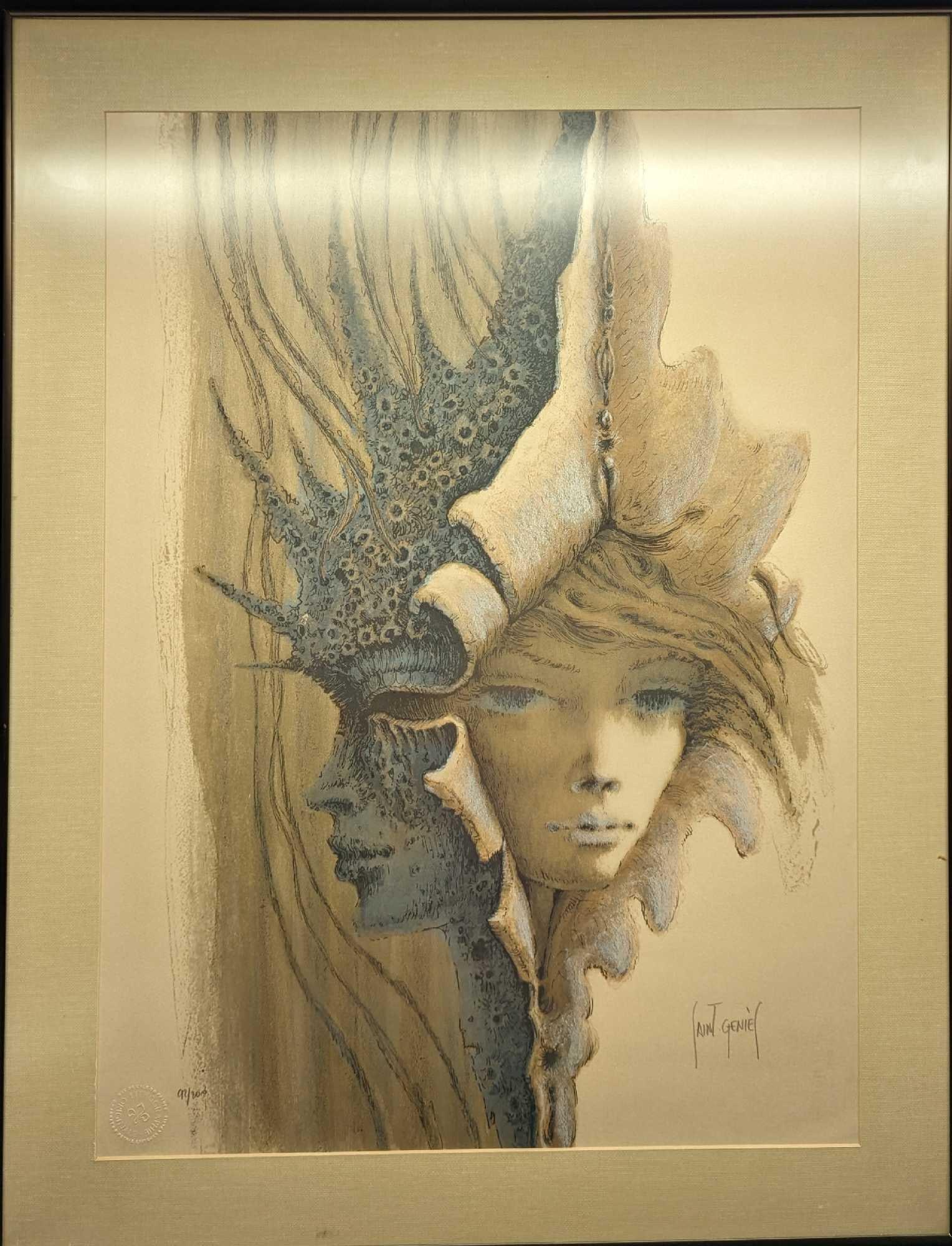 Framed LE Lassus Saint Genies Francis The Shell: Framed LE Lassus Saint Genies Francis The Shell. This one is #92 out of #100. The framed print is approx 27 1/4" x 1" x 35 1/2" and it weighs 11.3 lbs. The print is approx 21" x 30". The framed print