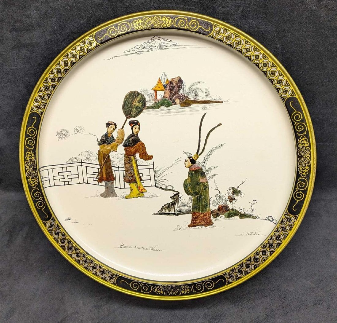 Vintage Tin Tang Dynasty Round Tin: Vintage Tin Tang Dynasty Round Tin. Here is a round tin that originally came with biscuits. Both sides have different reprinted images from art of the Tang Dynasty. This is approx 13 1/2" x 4" x 13