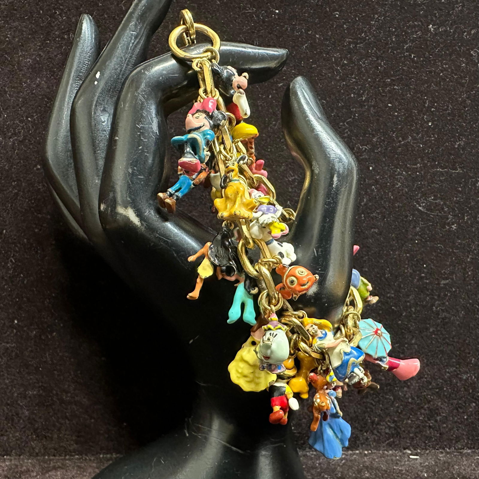 Disney Bradford Exchange Bracelet Enamel Character Dangle Charms Vintage: Vintage Disney Character Enamel Charm Bracelet, Heavily detailed gold-tone chain covered with dozens of hand-painted enamel charms featuring beloved Disney characters such as Cinderella, Snow White,
