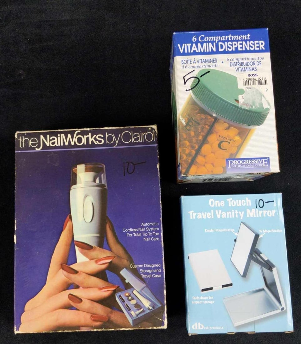 Three Vintage Self Care Vitamin Mirror Nailworks: This lot includes: (1) Six Comportment Vitamin Dispenser. Has a revolving opening in the lid that dispenses vitamins and pills. The plastic amber body ensures vitamins stay fresh. Six, four oz sectio