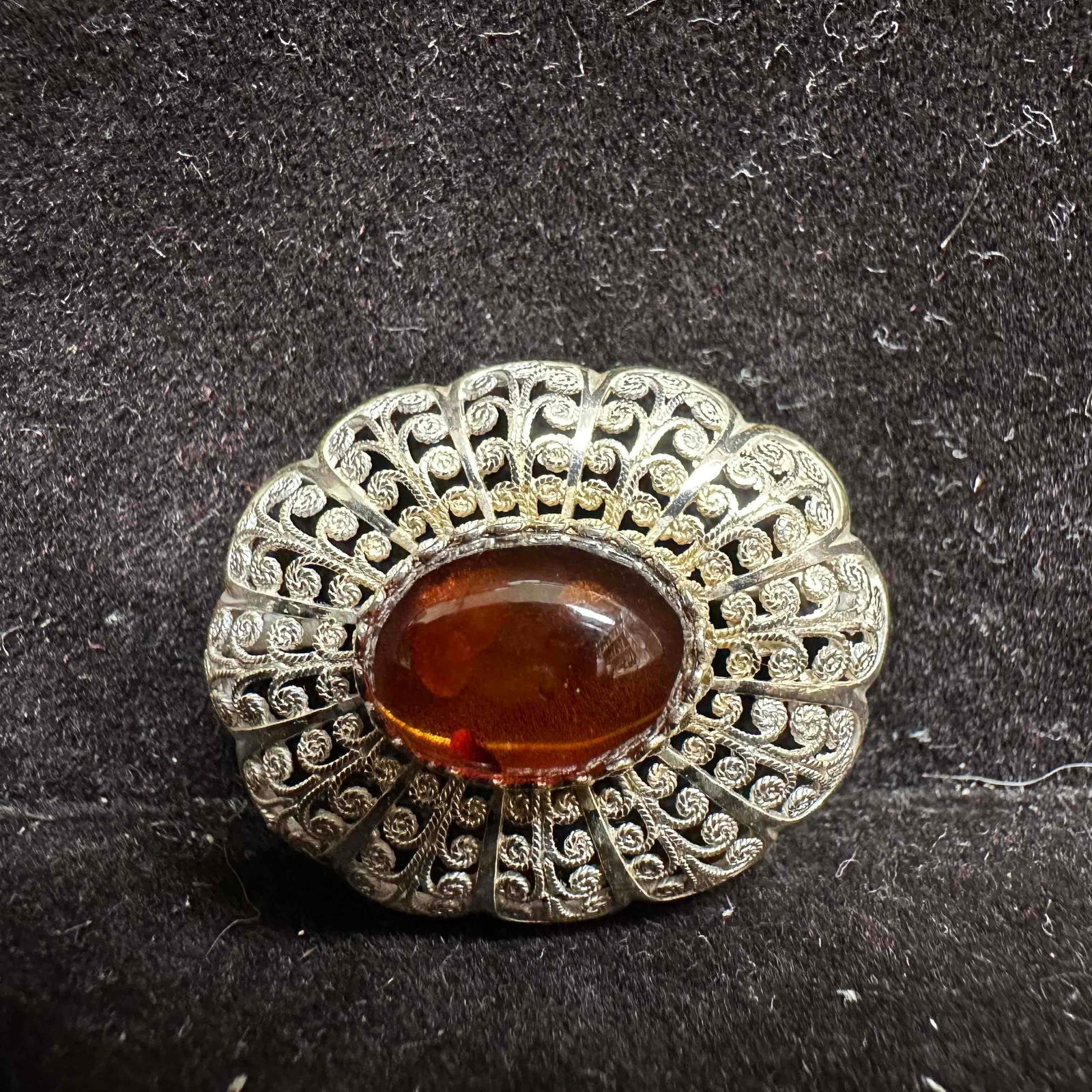 Ornate Filigree Metalwork Amber Cabochon Sterling Silver 935 Brooch (1 of 8)