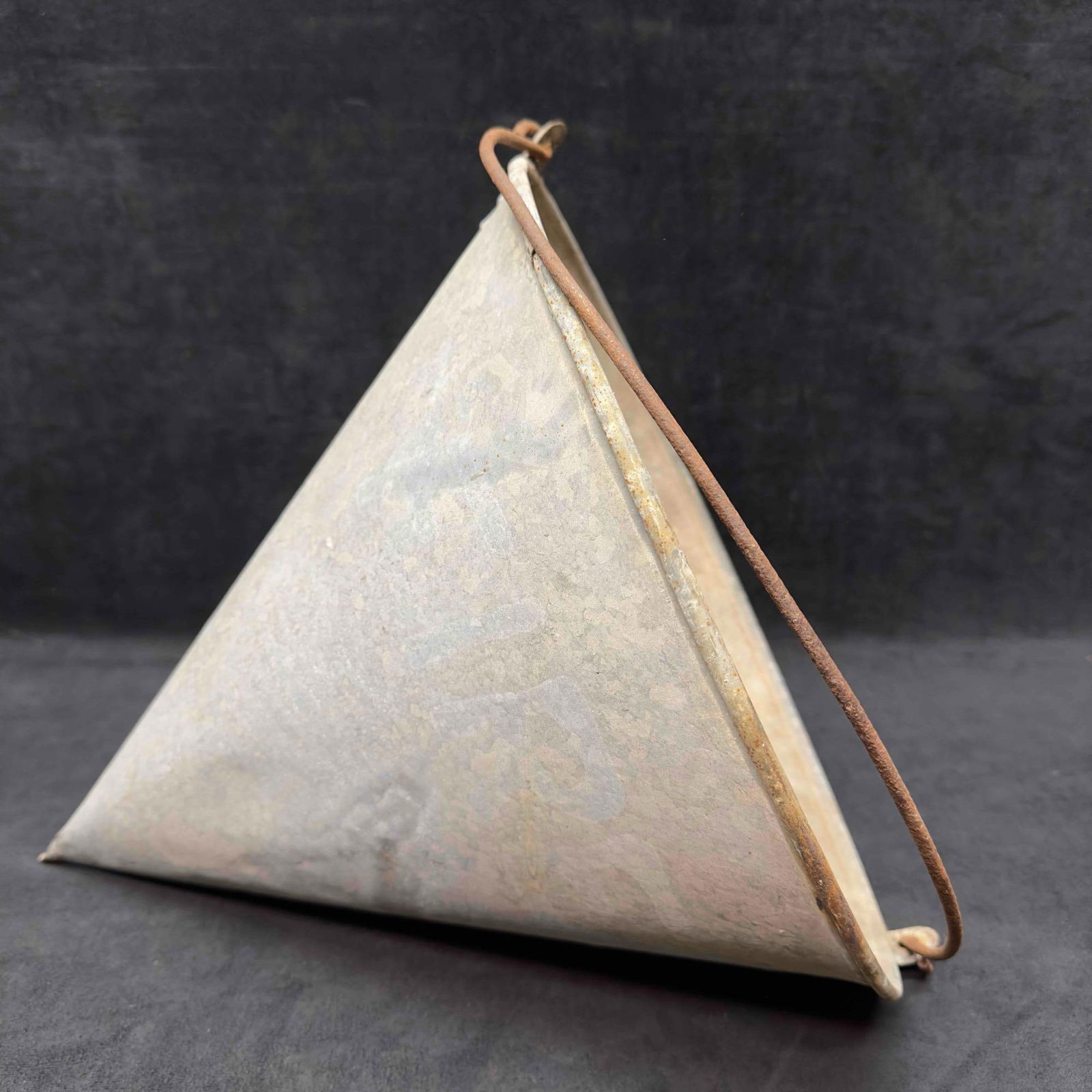 Antique Railroad Fire Fighting Water Bucket Pointed Cone Bottom Conical Shape: Antique Railroad Fire Fighting Water Bucket Pointed Cone Bottom Conical Shape. Unknown origin no identifying markings. Light general wear with slightly rusted handle. Bottom end is slightly bent from