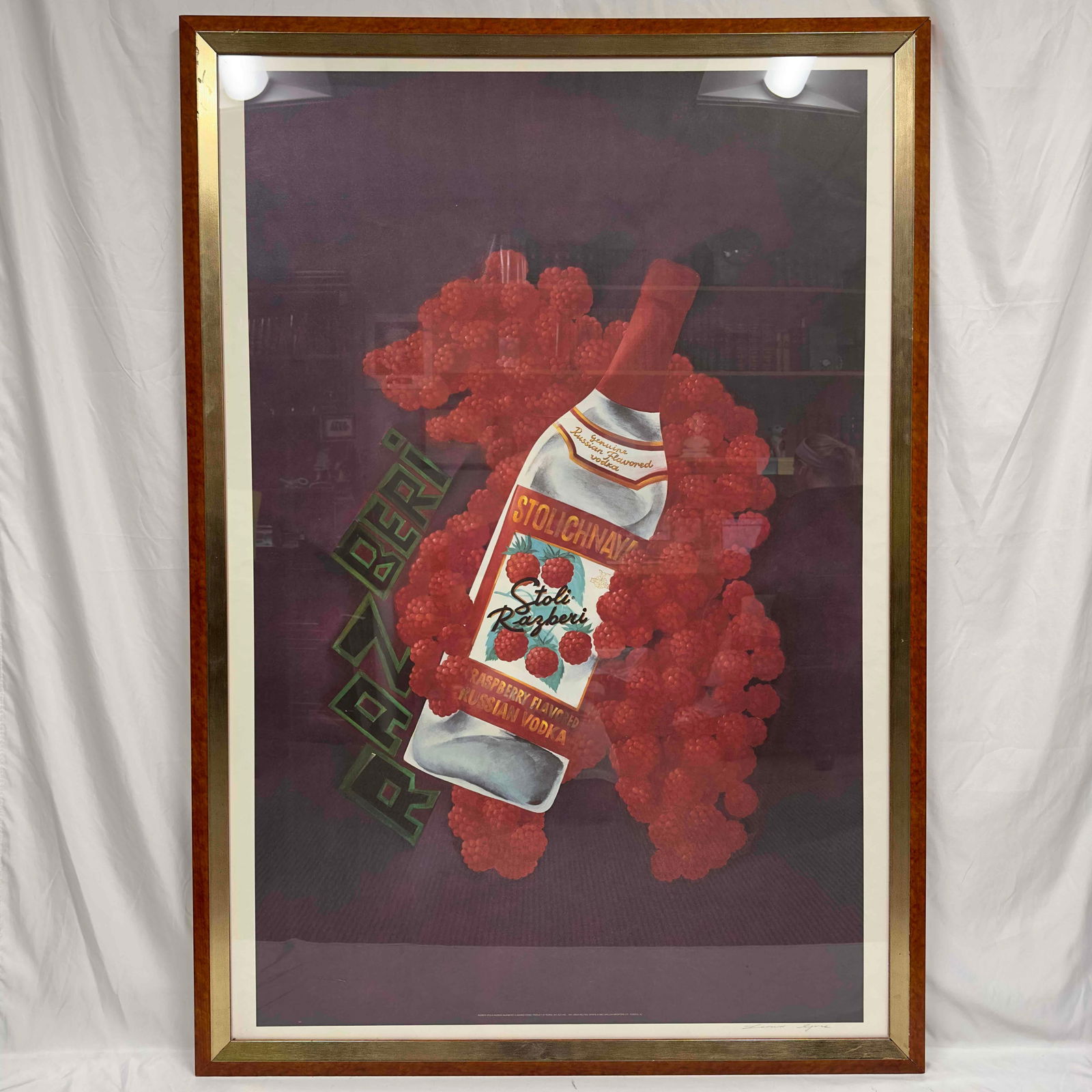 Stolichnaya Stoli Razberi Raspberry Russian Vodka Advertisement Large Signed Print Poster: Stolichnaya Stoli Razberi Raspberry Russian Vodka Advertisement Large Signed Print Poster. Artist signed by Leonid Gore on the bottom right of the print poster. The frame is a little nicked up on the