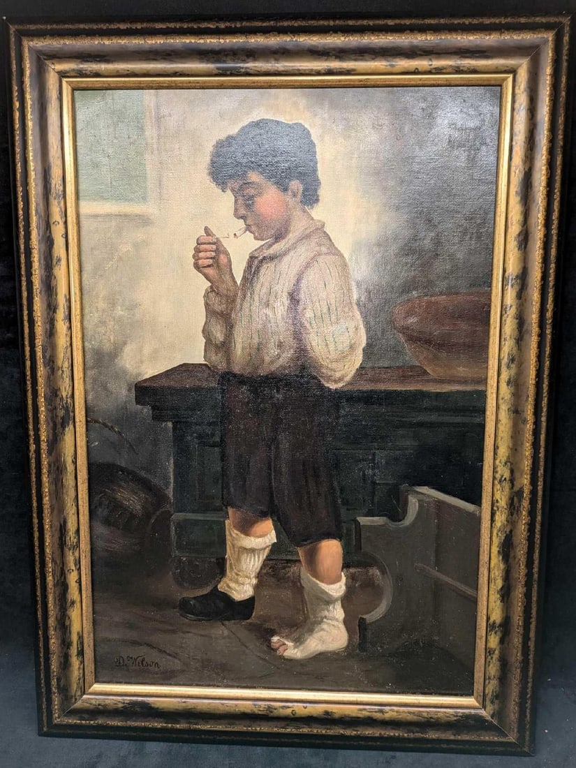 David Forrester Wilson Original Oil On Canvas Smoking Boy R34: David Forrester Wilson Original Oil On Canvas Smoking Boy R34. The artist signed the bottom left of the canvas.The framed original is approx 26" x 1 1/2" x 36" and it weighs 9.30lbs.