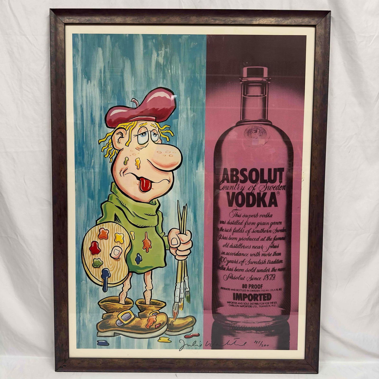 Julia Wachtel Absolut Vodka Ad Advertisement Framed Poster Print: Julia Wachtel Absolut Wachtel Framed Poster Print. Julia Wachtel Absolut Vodka Poster 1989 Signed and Numbered by the Artist 141/200 mounted and framed. Artist signed by Julia Wachtel on the bottom