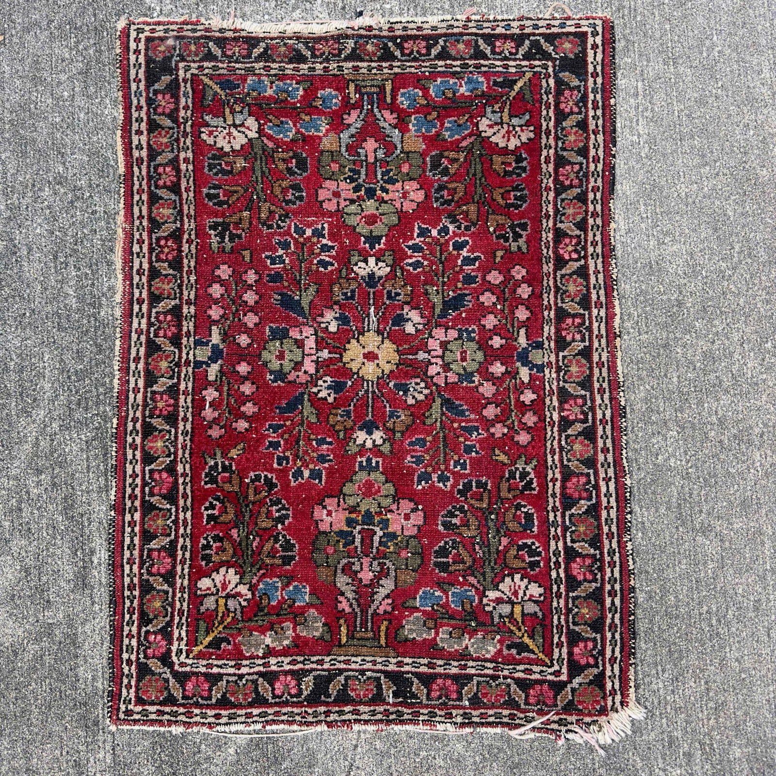 Small Oriental Rug Allover Floral Pattern Red Black Cream Handmade Wool (1 of 8)