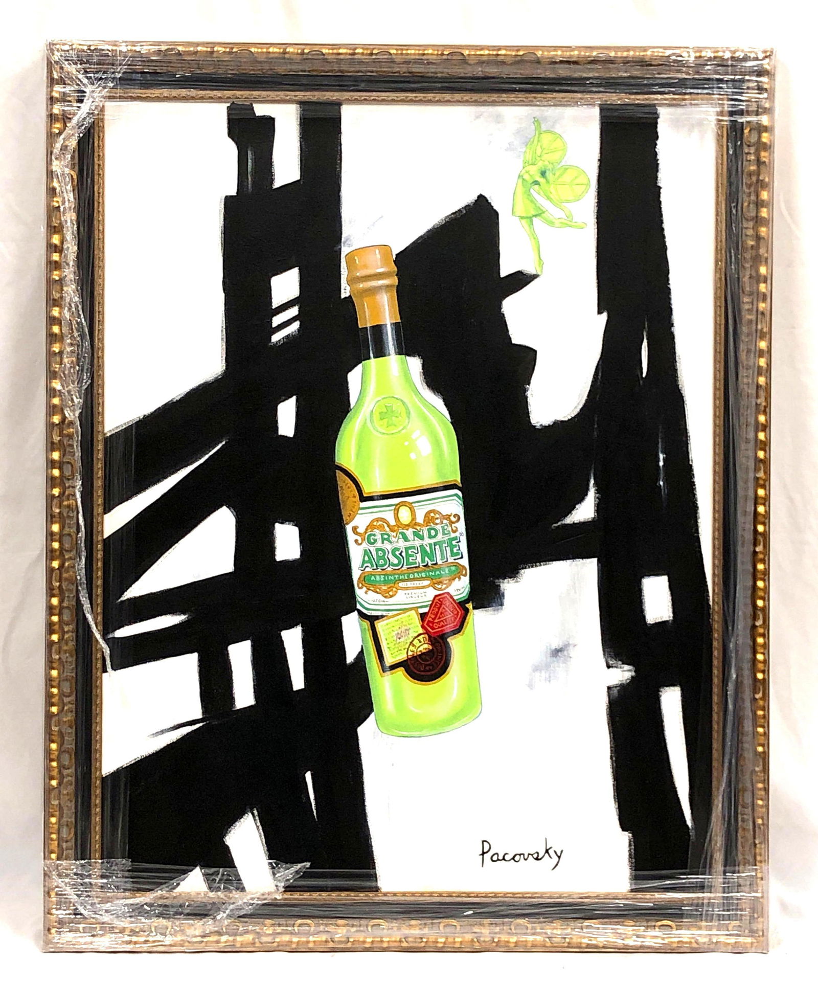 John Pacovsky & Absente / Absinthe - Commissioned, Signed, Framed - Acrylic on Canvas: Absente / Absinthe Marketing Ad - Painting Commissioned by Liquor Branding Executive. Signed and Framed Acrylic on Canvas by Artist John Pacovsky. Artwork was inspired by Franz Kline New York, NY, 195
