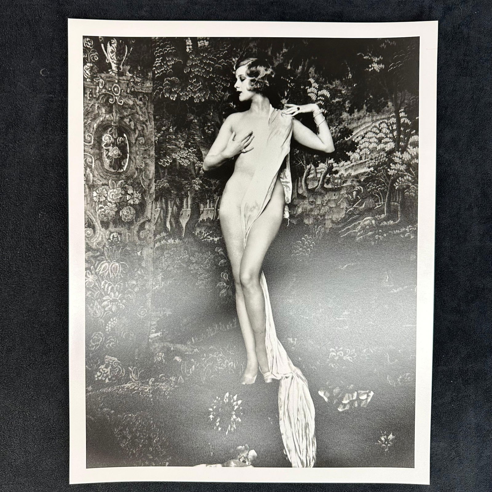 Analog Photograph Print Hazel Forbes Ziegfeld Model Black and White #2: Black and white analog photo print featuring Hazel Forbes, noted Ziegfeld model and actress, posed against a richly patterned backdrop. Striking composition with draped fabric, showcasing the elegance