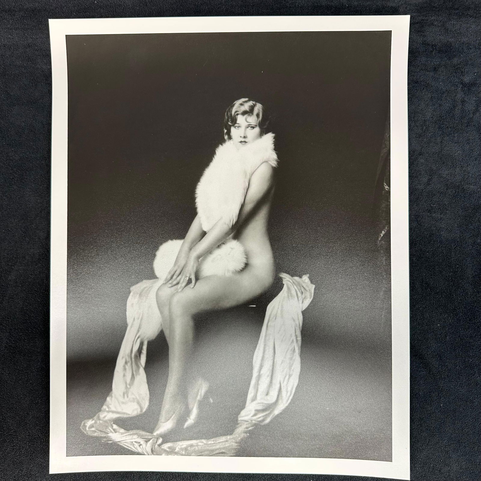 Black and White Analog Photograph Ziegfeld Follies Performer Freida Miese Nude Portrait #2: Vintage analog photo print depicting Ziegfeld Follies performer Freida Miese in a classic glamour pose. The image shows her seated and draped in a fur stole, with a graceful styling characteristic of