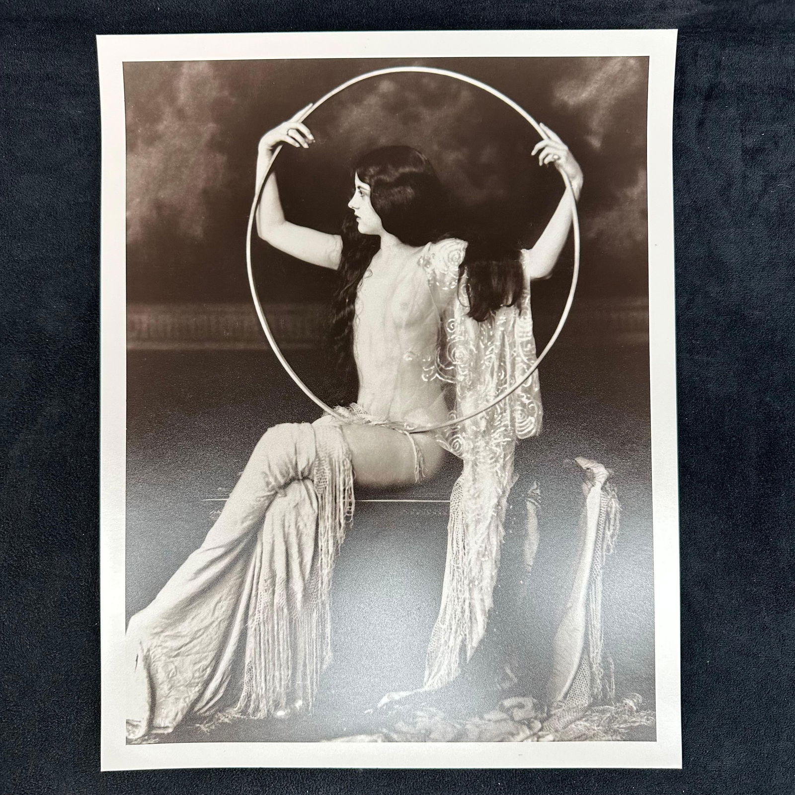 Analog Black and White Photo Print Virginia Biddle Ziegfeld Follies Performer Nude Portrait #3: Black-and-white analog photo print of Virginia Biddle, a celebrated performer from the legendary Ziegfeld Follies. The image depicts Biddle in an artistic pose, framed within a circular prop, wearing
