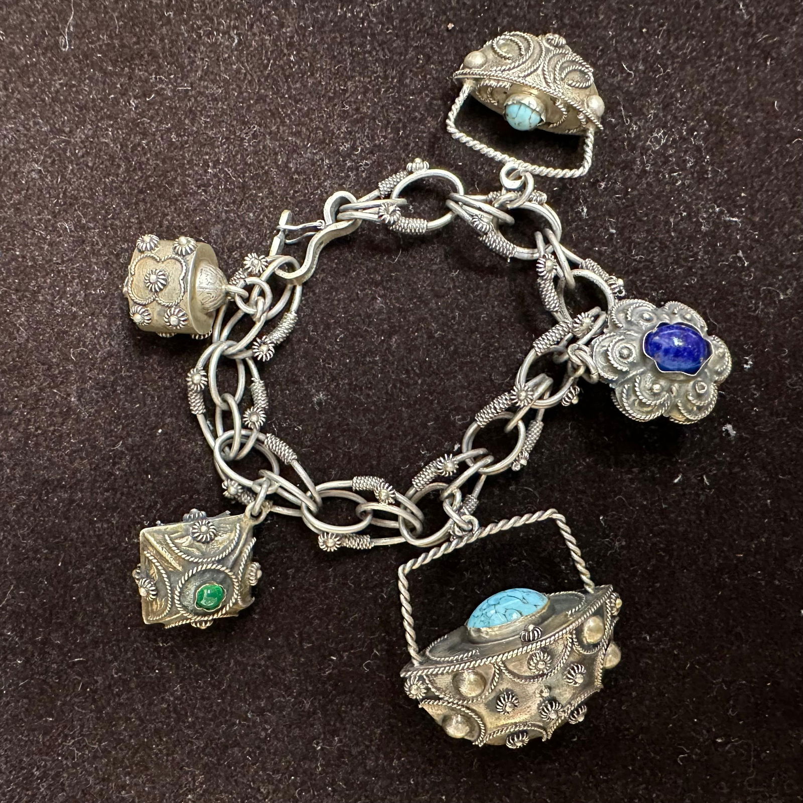 Italy Silver 800 Lapis and Gemstone Charm Bracelet K73 (1 of 8)