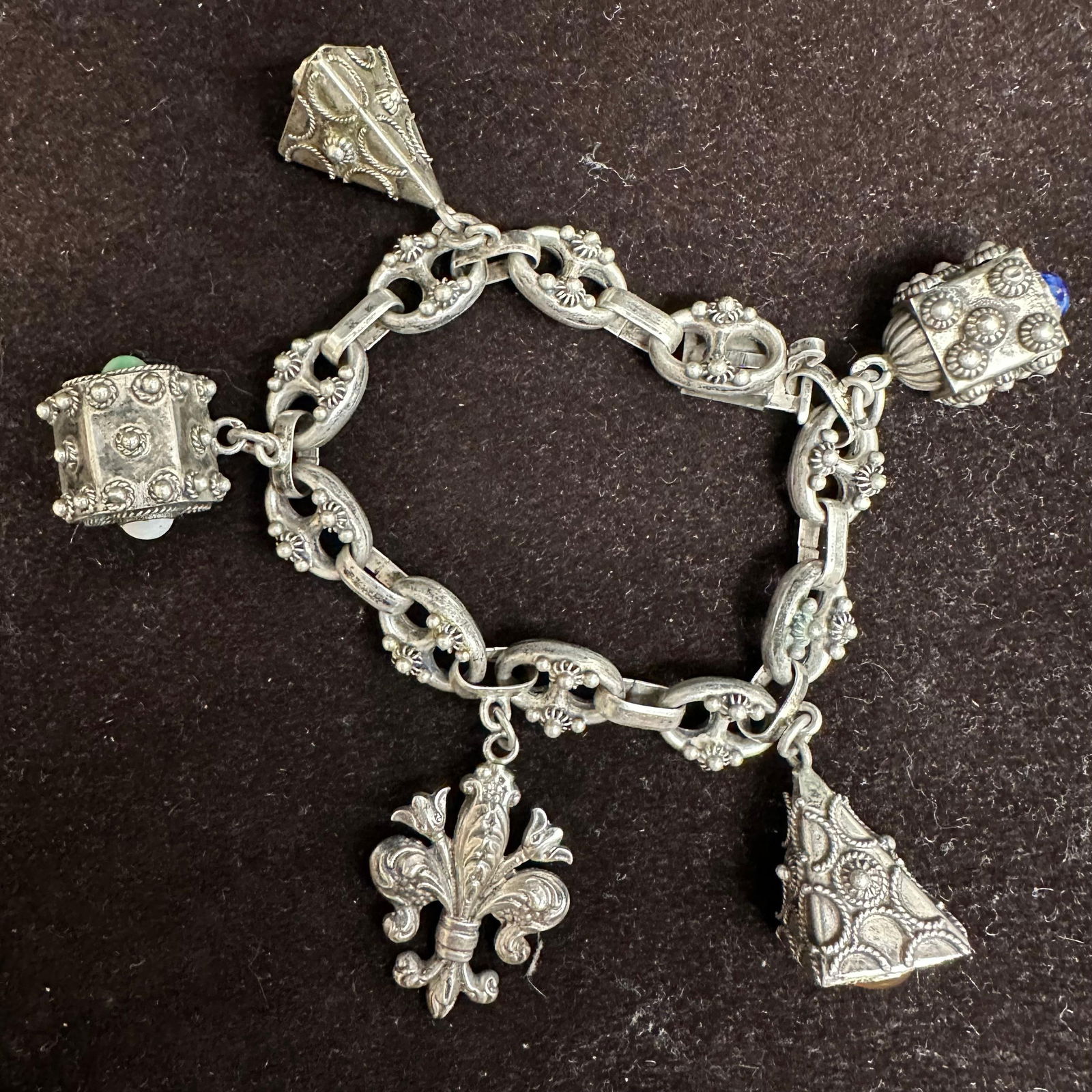 Silver 800 Charm Mariner Chain Floral Design Bracelet Lapis Black Onyx K76 (1 of 11)