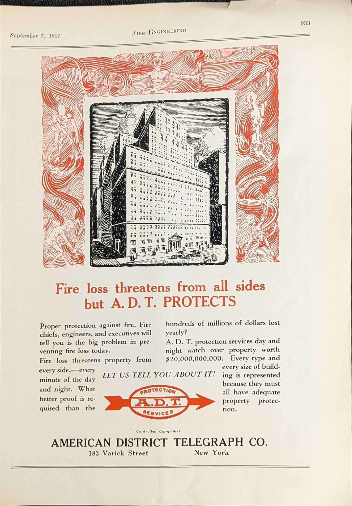 Vintage ADT Alarm Magazine Advertisement: From "Fire Engineering" September 7, 1927. Is approx 8 1/4" x 11 3/4" and it weighs 0.01lb. The advertisement has a small rip on the top and some shelf-wear. Please see the images as they are part of