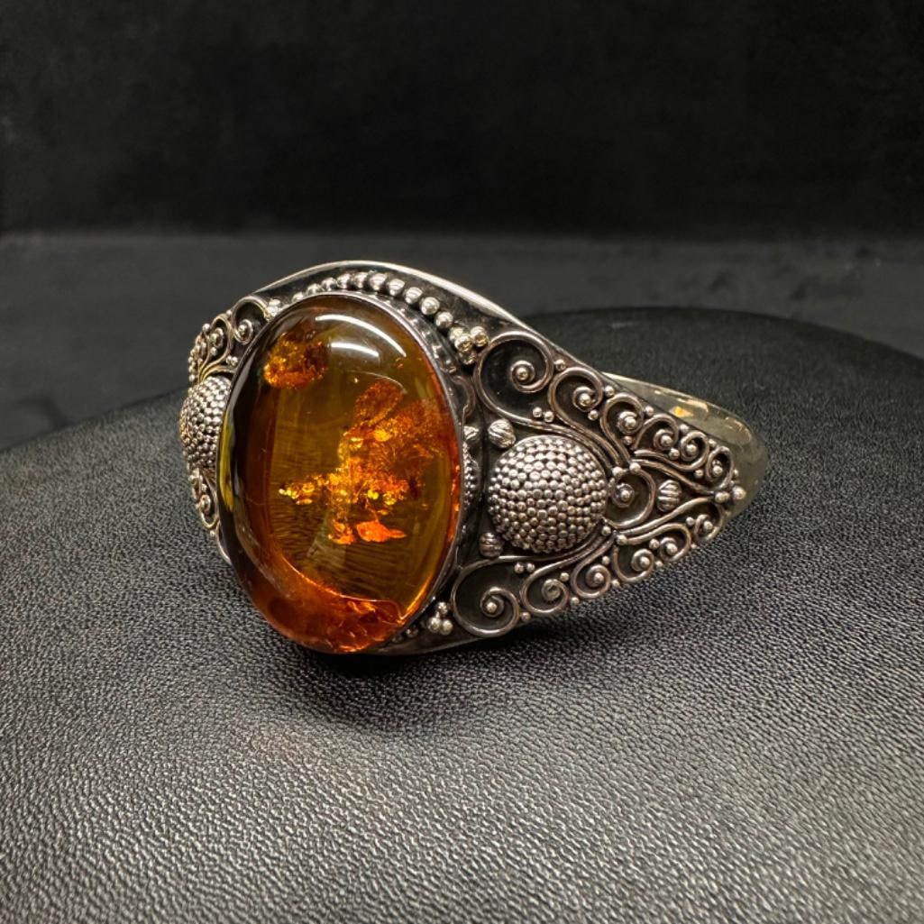 Amber Cabochon Ornate Sterling Cuff Bracelet (1 of 4)