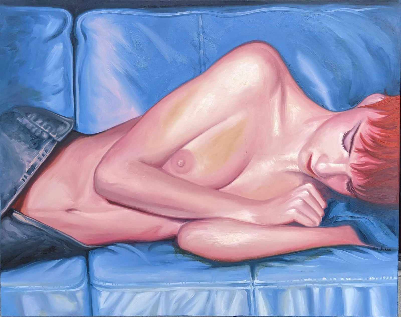 Original Oil Painting by Jim Jackson Woman Topless Nude: Original Oil Painting by Jim Jackson Woman Topless Nude This is a beautiful original oil painting by Jim Jackson. The painting is in good condition with maybe some slight water damage by the mouth are