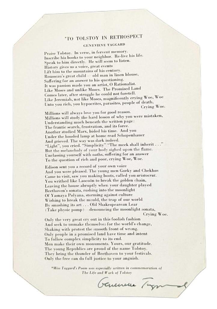 Signed Genevieve Taggard To Tolstoy In Retrospect Poem (1 of 3)