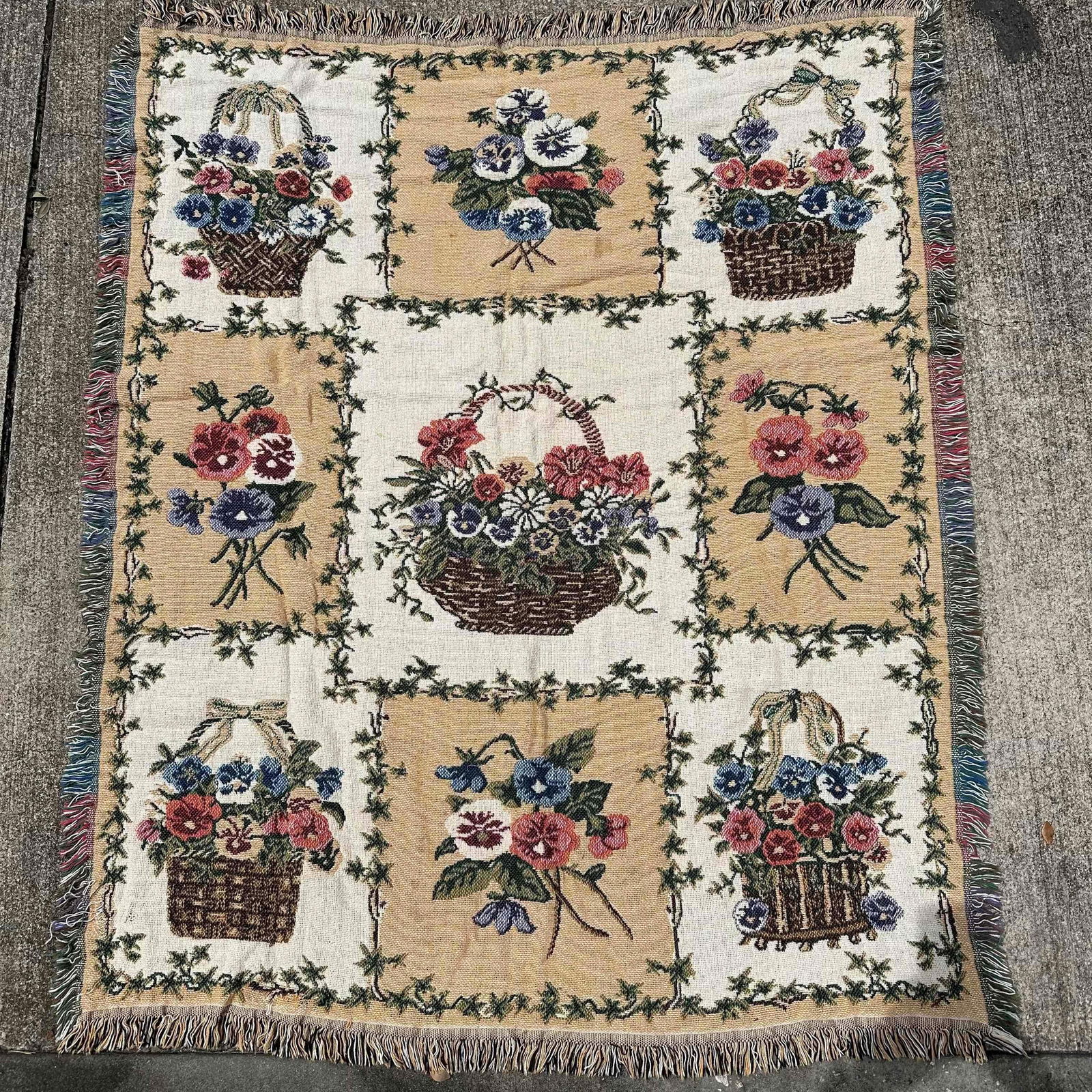 Floral Basket Woven Throw Blanket Goodwin Weavers: Vintage Goodwin Weavers woven tapestry throw blanket featuring floral basket designs on both sides. One side shows a lighter cream and tan background with floral basket panels, while the reverse side