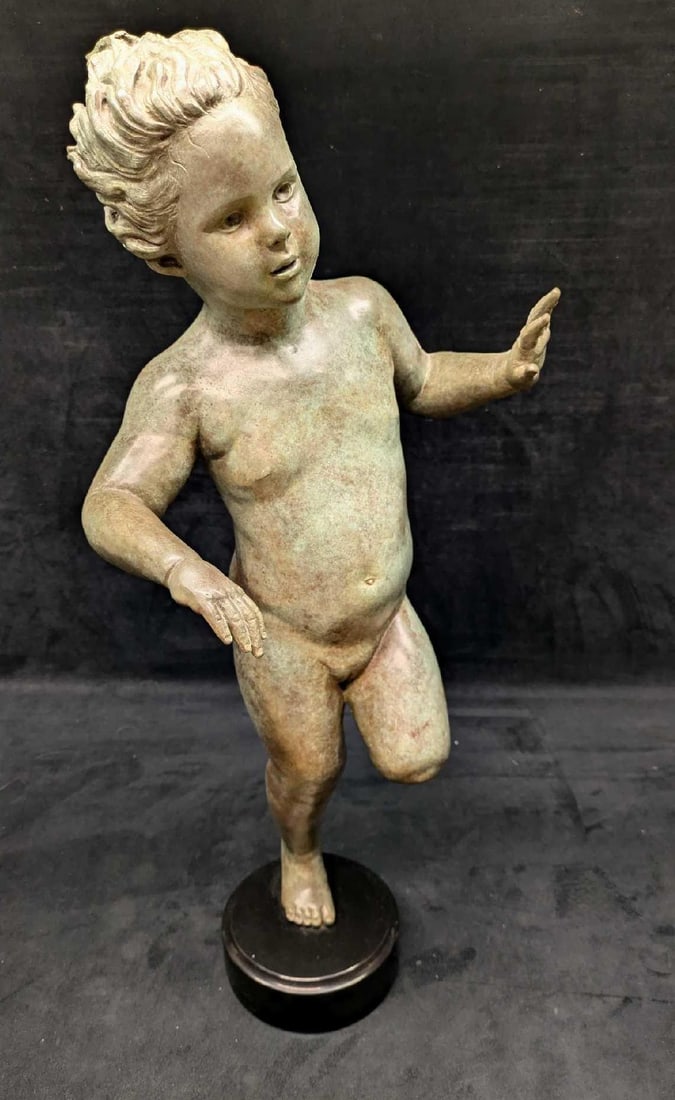 Myra Weisgold Bronze 27" Dancing Nude Girl Statue R72: Myra Weisgold Bronze Dancing Nude Girl Statue R72. This is approx 11" x 10" x 27" and it weighs 41lbs. The statue's foot has a signature, and the year '97. 