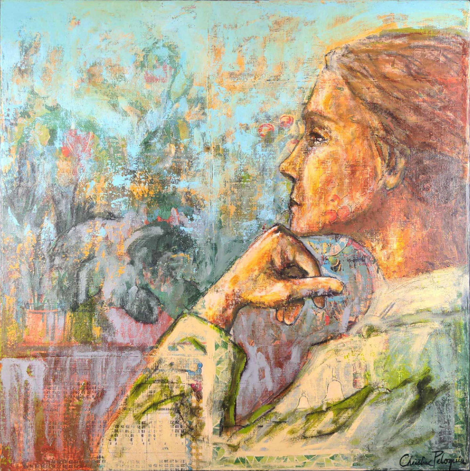 Christine Peloquin Original Mixed Media On Wood X1: Christine Peloquin original acrylics and charcoal over fabric and paper collage on wood. This one is called "All The Time I'm Thinking". This is approx 35 3/4" x 2 1/2" x 36"