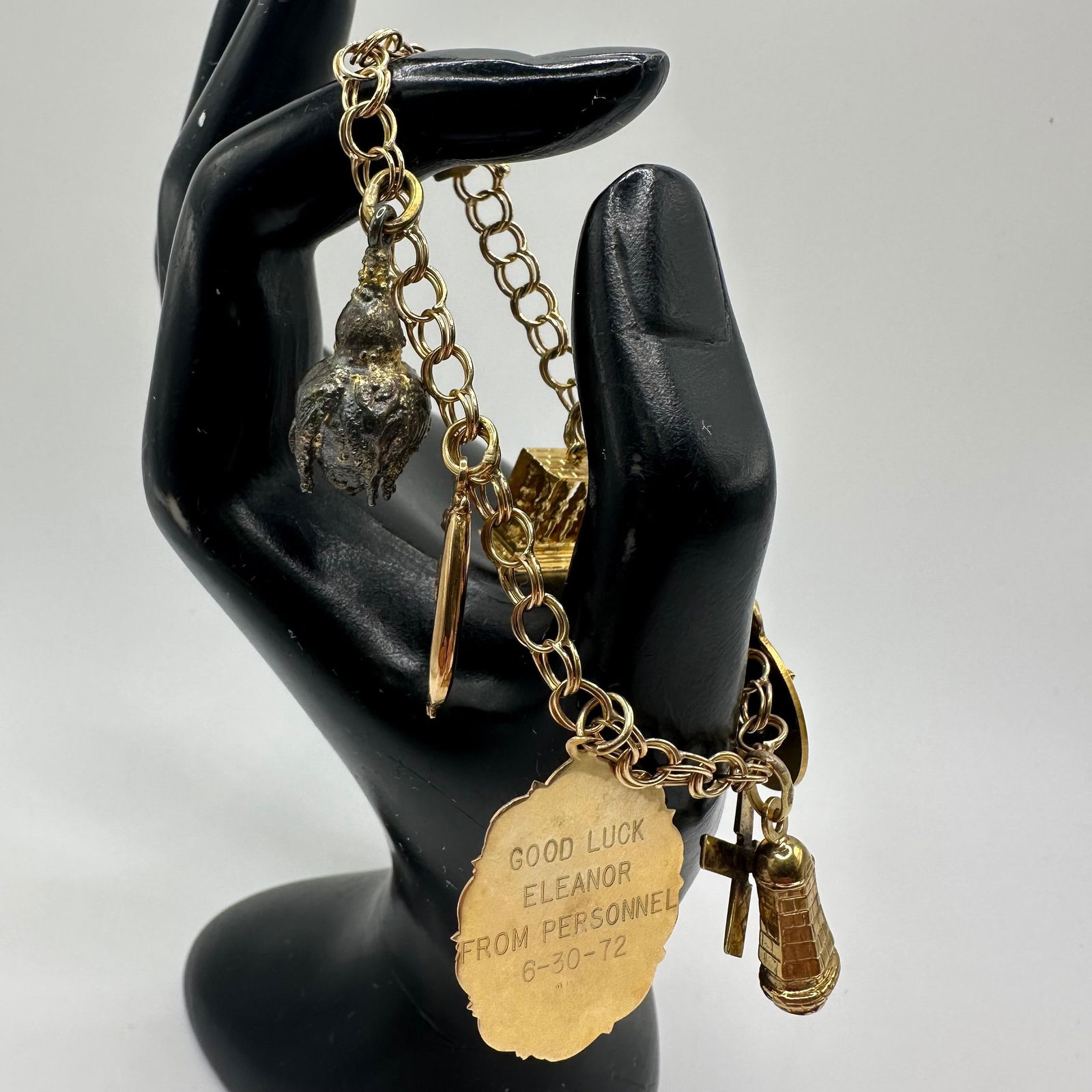 14K Gold Vintage European Theme Personalized Charm Bracelet: This item is in good pre-owned, previously used/displayed condition with noticeable light wear and surface scratches. Please reference all photos for full details. This piece of jewelry has been