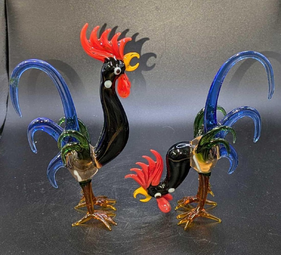 2 Vintage Multicolor Hand-Blown Glass Rooster Figurines (1 of 7)