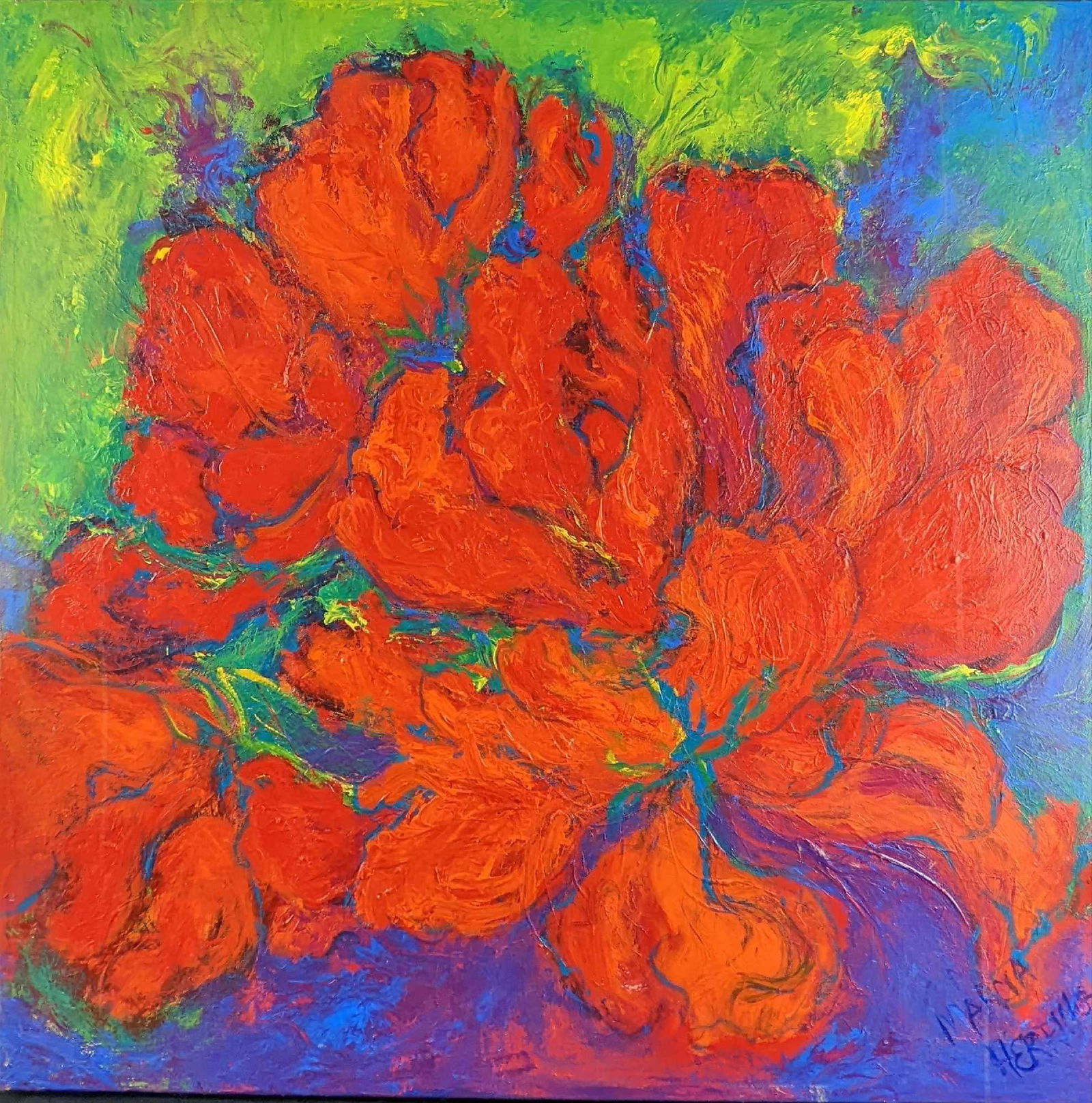 Original Marcia Herring Acrylic On Canvas Poppy Petals: Original acrylic on canvas "Poppy Petals". Is approx 36" x 2 1/2" x 36" and it weighs 7.50lbs. The original is in a good, used condition with some wear, chips, and some markings