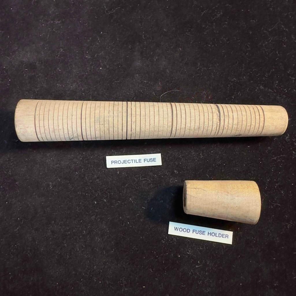 Civil War Wood Fuse Holder Adapter and Wooden Projectile Fuse For Artillery Set: These pieces of Militaria have been researched to the best of our ability prior to listing. Please reference all our photos as they are part of our description. Civil War Wood Fuse Holder Adapter