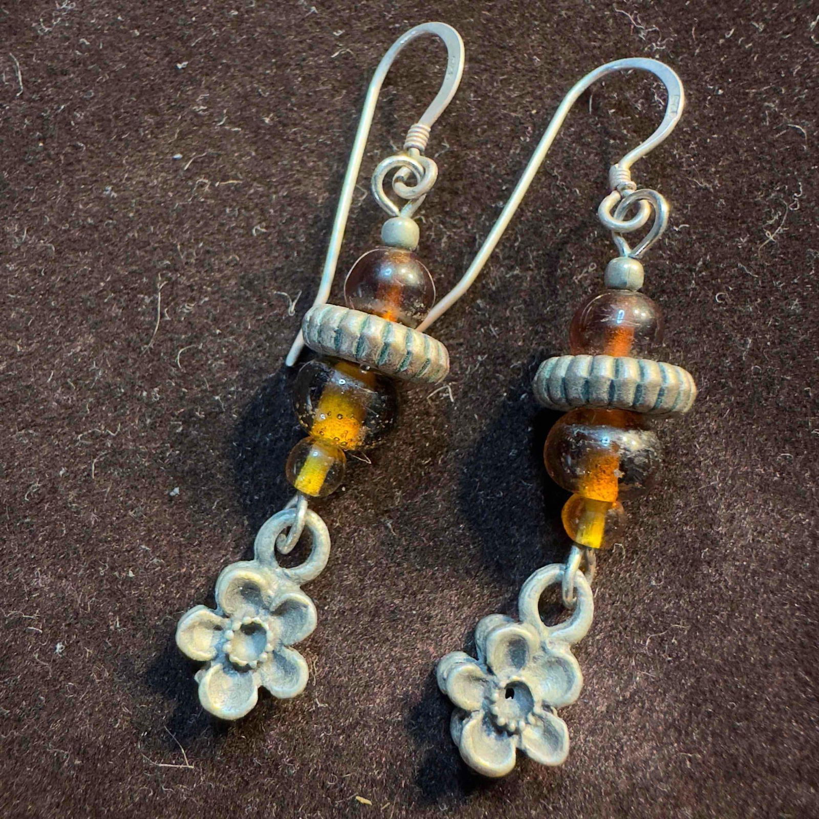 Amber Beaded Sterling Dangle Flower Accent Earrings SS95 (1 of 5)