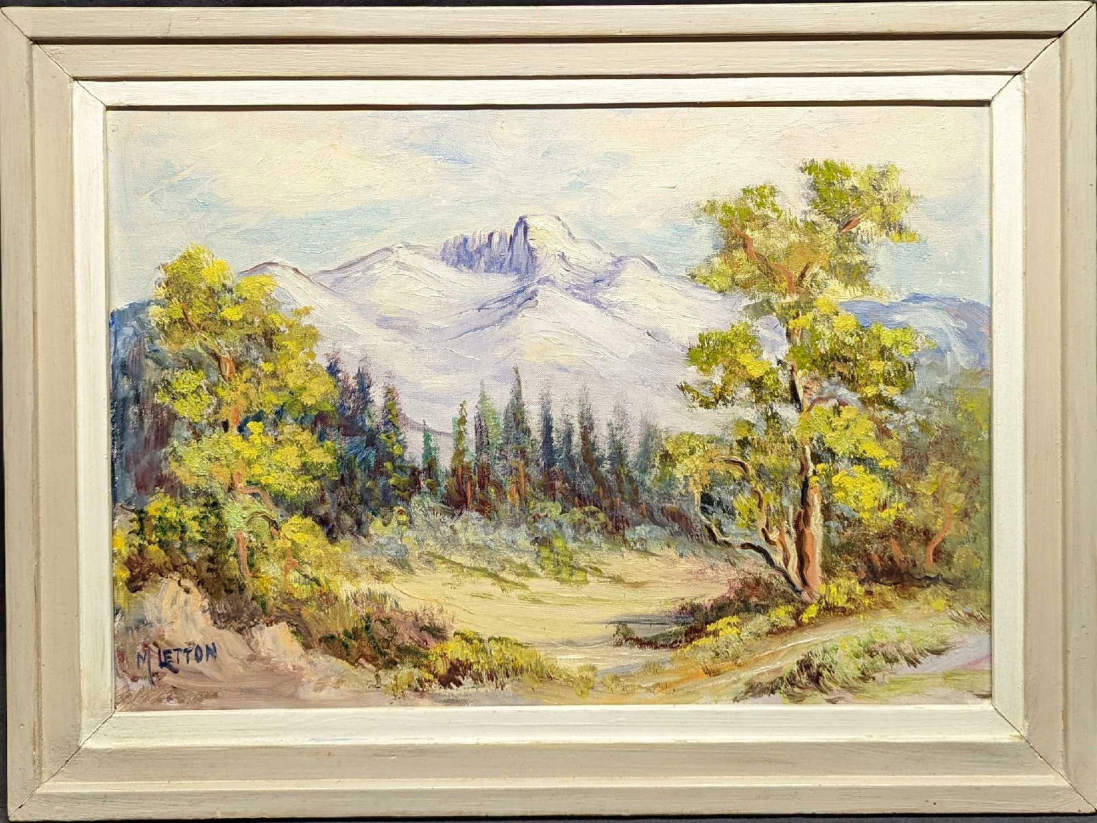 Marian Letton Mountain Oil On Board (F20): Marian Letton Mountain Oil On Board (F20). The framed original is approx 24" x 7/8" x 17 7/8" and it weighs 2.5 lbs. The panel is approx 20" x 16". The framed original is signed by the artist