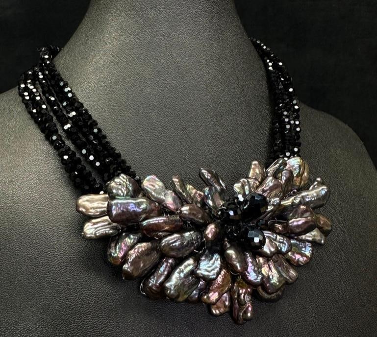 Multi-Strand Black Crystal Baroque Pearl Necklace: This piece of jewelry has been tested and researched prior to listing. Please view all our pictures they are part of our description. DETAILS: Metal - 925 Sterling SilverColor - silverStones -