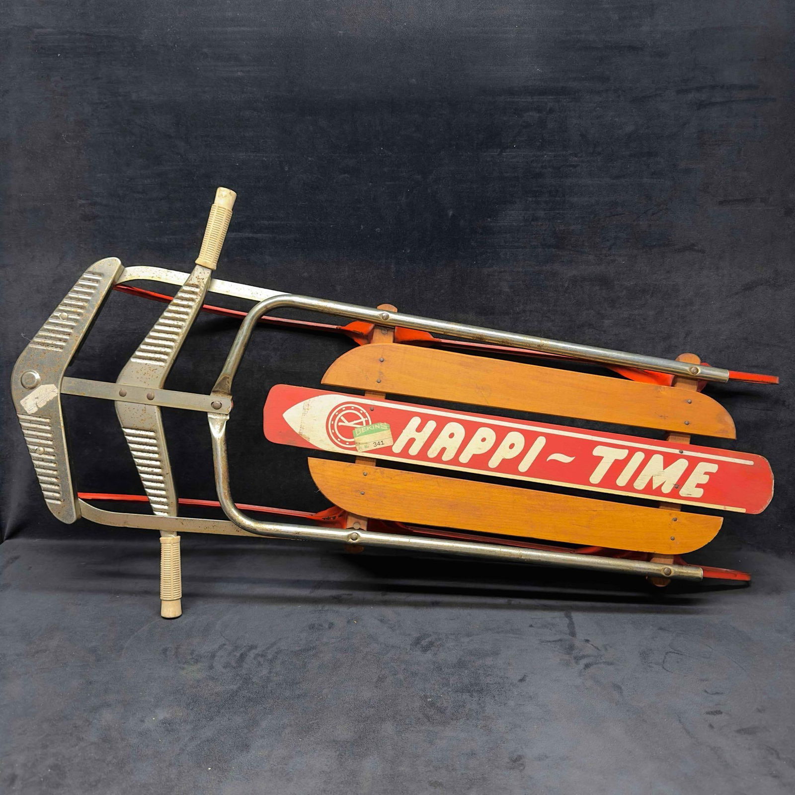 Happi Time Snow Sled 8322 Wood Steel Metal Runner Rustic Decor: Happi Time Snow Sled 8322 Wood Steel Metal Runner Rustic Decor. Vintage wooden snow sled manufactured by Happi-Time. Antique winter wood snow sled with metal steering handle, plastic white handle
