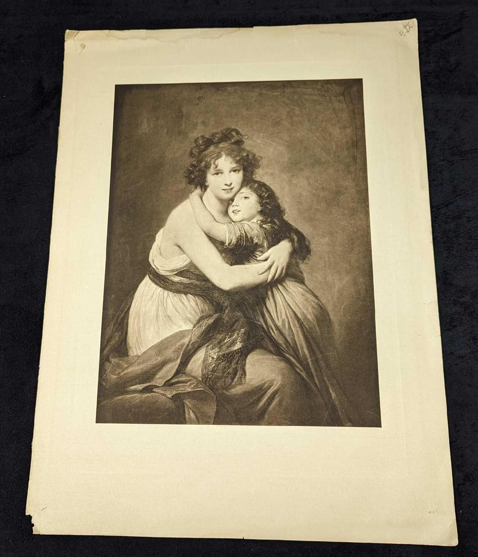 Vigée Le Brun Self-Portrait With Daughter Print: Vigée Le Brun Self-Portrait With Daughter Print. This vintage print is approx 15" x 20" and it weighs 0.10lb. The print has pinholes in the corners, along with rips and creases on the edges. The