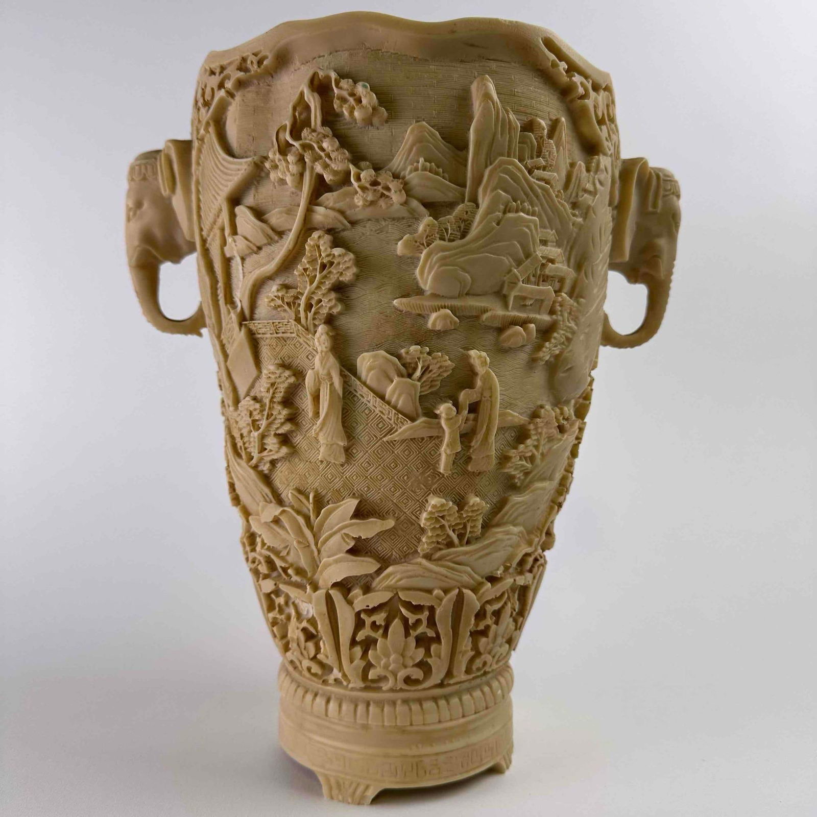 Large Chinese Faux Ivory Resin Vase Canton Carved Style Relief Elephant Head Handles (1 of 17)
