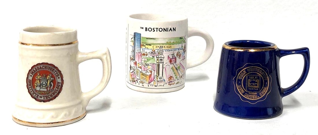 3 Miniature Mugs - Yale, MIT, The Bostonian: Three Collectible Miniature Mugs / Steins / Tankards. Lot includes: Yale University Mini Stein Tankard 3" x 2" x 2-1/4" Massachusetts Institute of Technology Mini Stein Tankard 2-3/4"
