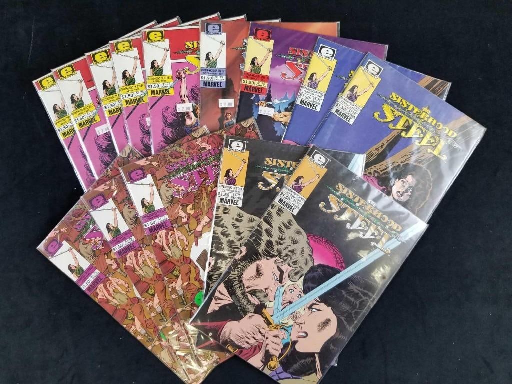 14 Issues Of The Sisterhood Steel Comics: This 14 piece lot of The Sisterhood Steel comics is in like-new condition with no known rips, tears, or missing pages. Each comic comes in its own protective plastic sleeve. This lot includes: (2)
