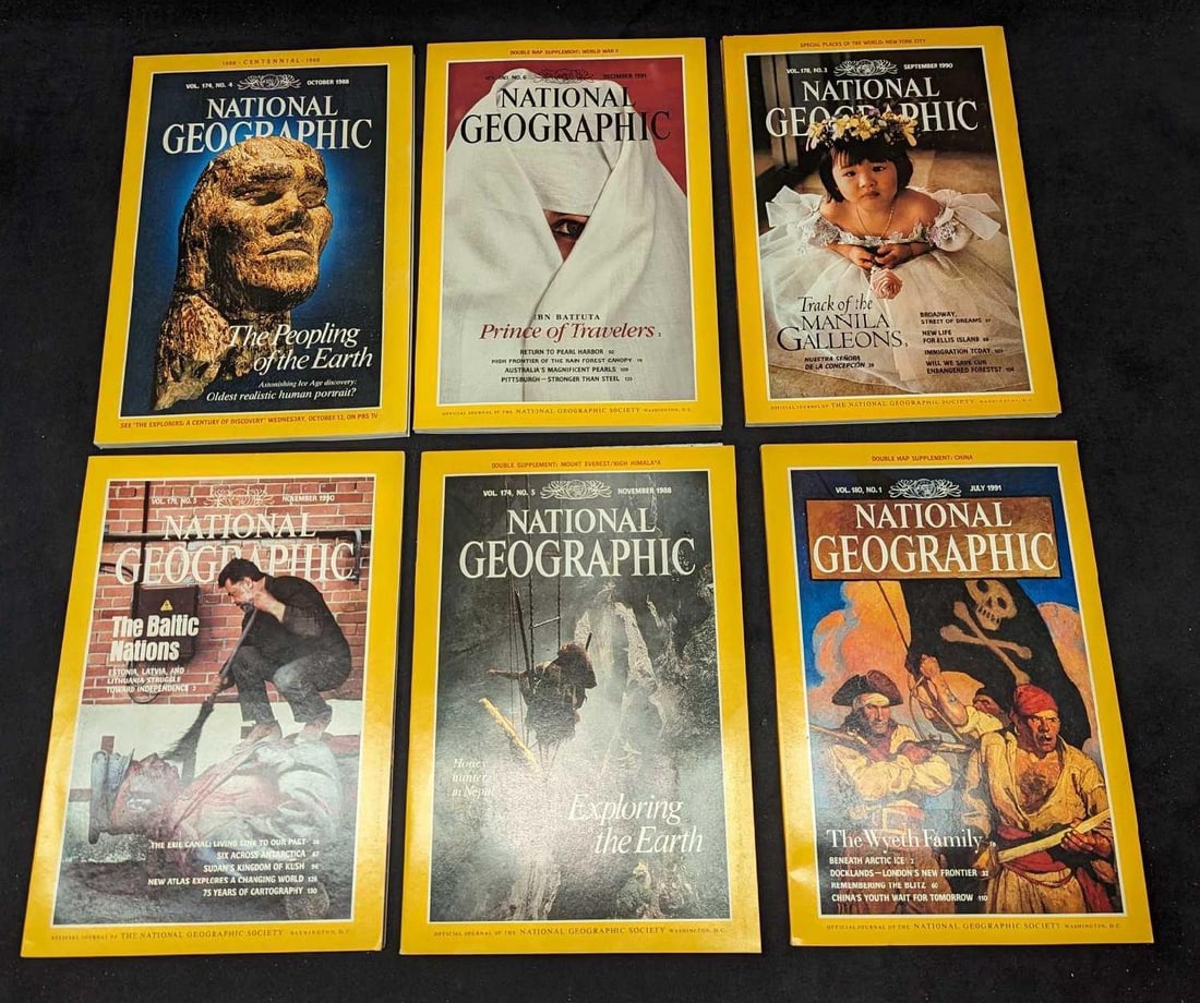 6 1980s 1990s National Geographic Magazines A: 6 1980s 1990s National Geographic Magazines A. This lot includes: (1) December 1991 - Prince Of Travelers With Double Map Supplement: World War 2.(1) September 1990 - Track Of The Manila Galleons.