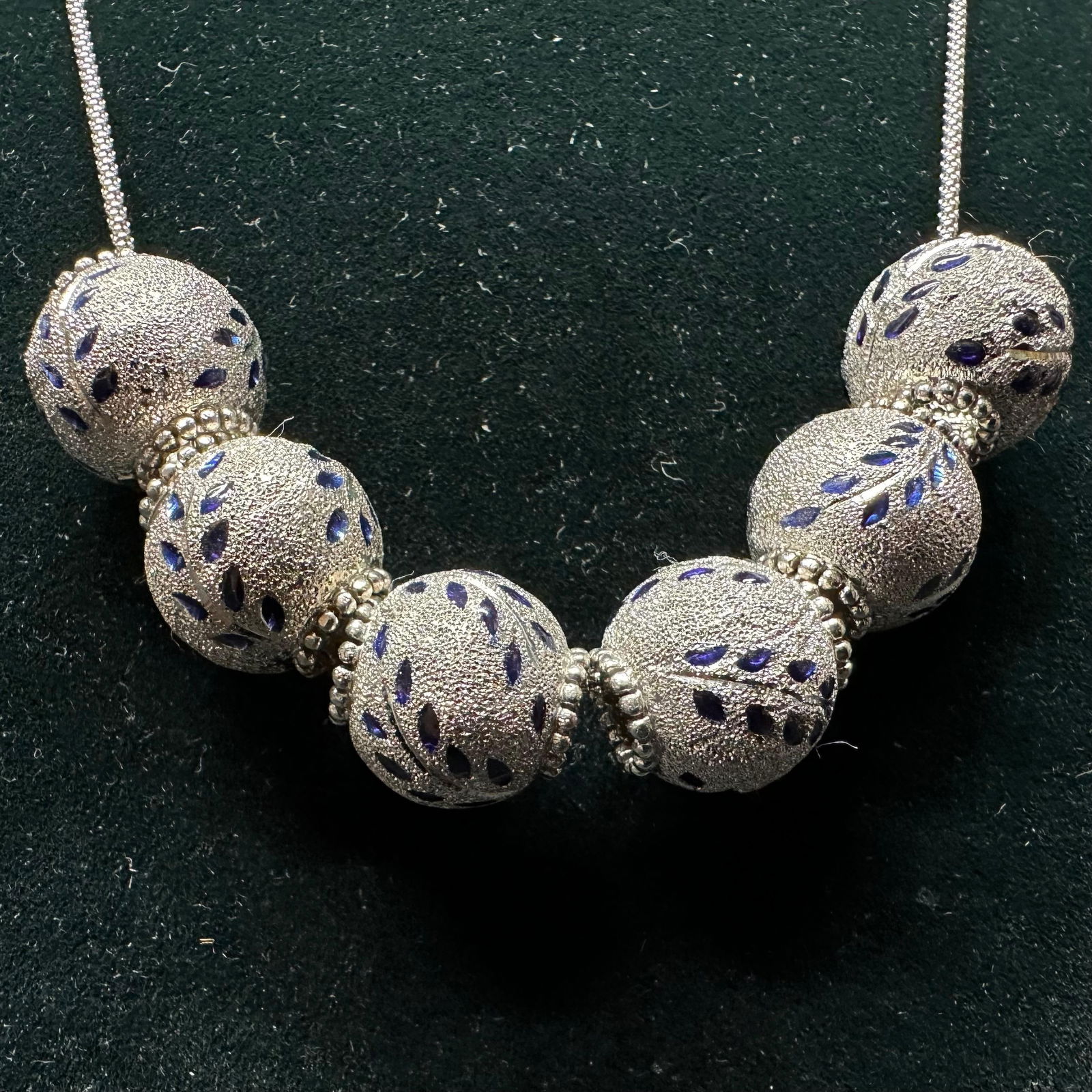 Blue Enamel Leaf Motif Textured 14K White Gold Necklace Six Ball Pendants (1 of 20)